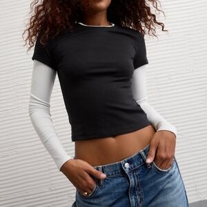 American Eagle Black & White Double Layered Long Sleeve T-Shirt